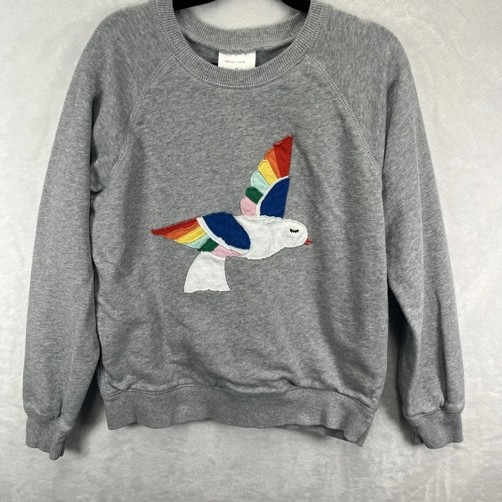 Hanna Andersson Crewneck Appliqué Sweater Girls 10 Bird Rainbow Cotton Fall